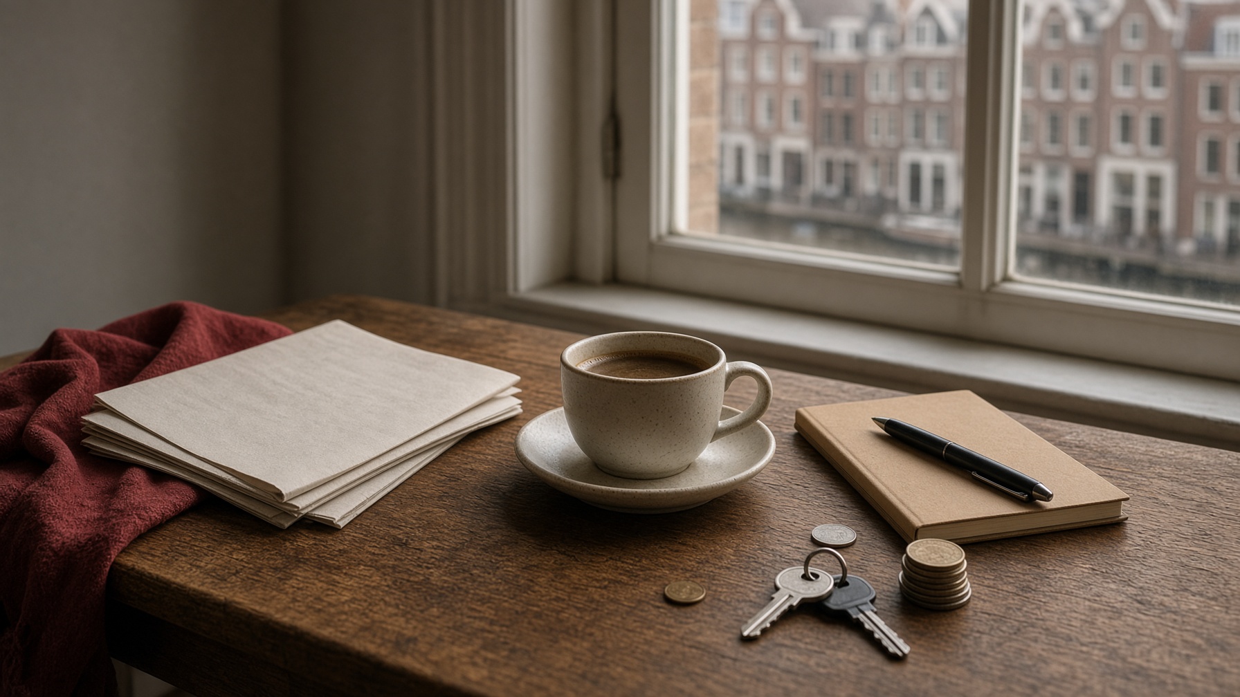 Een keukentafel in ochtendlicht, met koffie, een schrift en kleingeld
